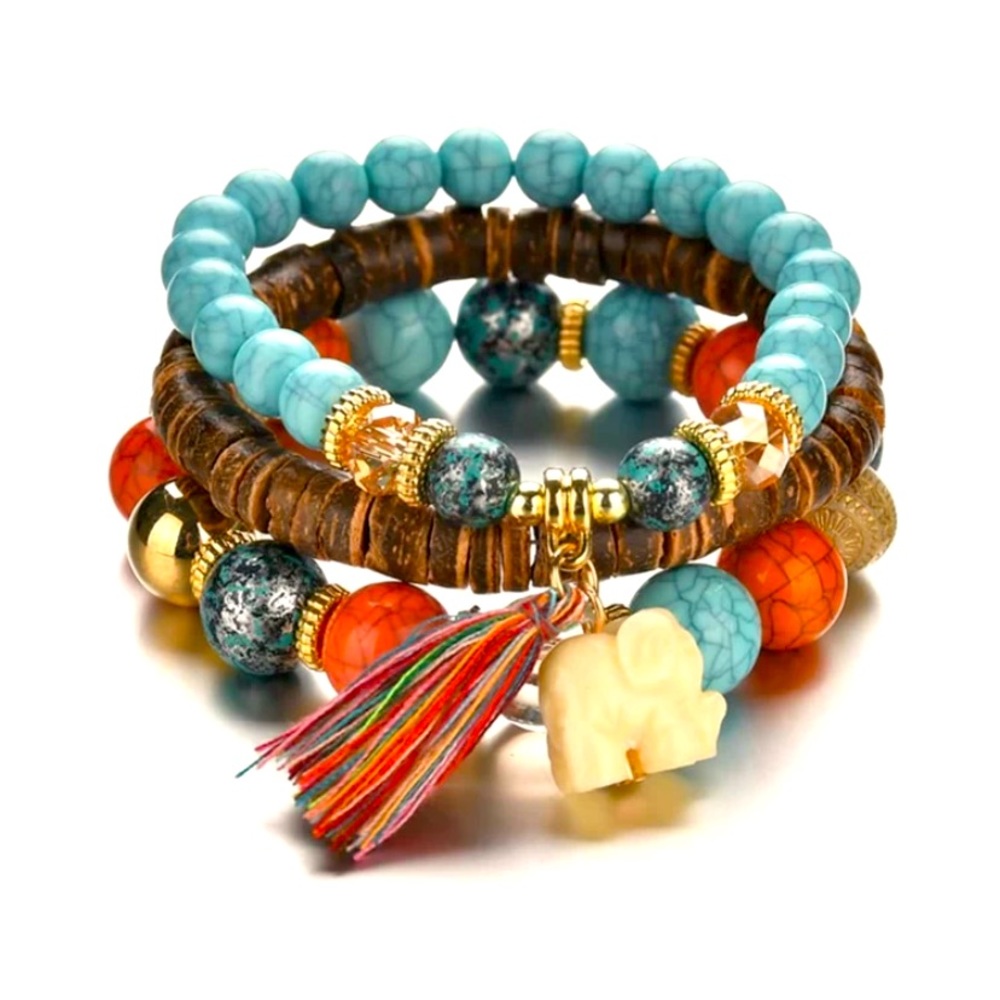 3 piece bracelet: tassel,elephant-charmed & beaded